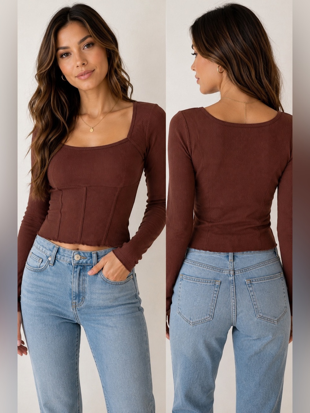 Mi Ami Brown Ribbed Square Neck Long Sleeve Top Size S NWT